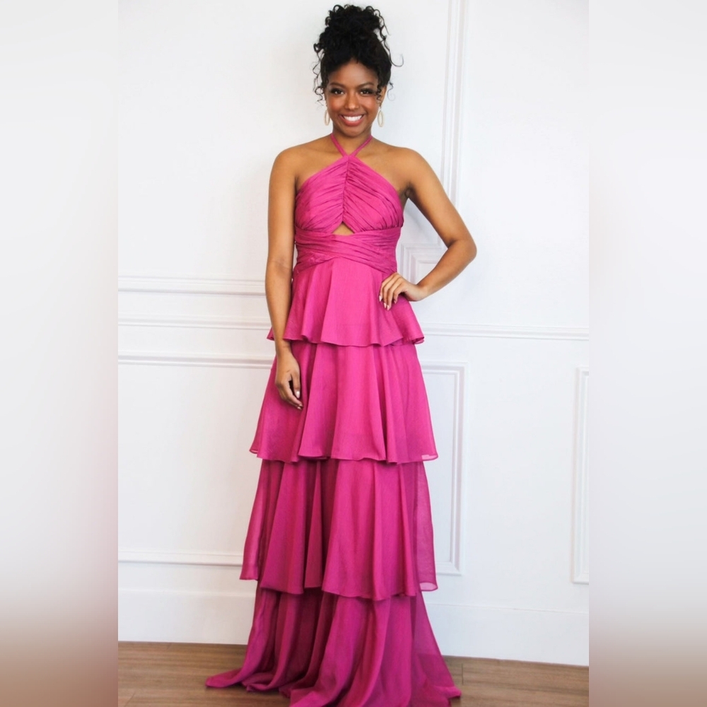 High Neck Tiered Ruffle Shimmer Maxi Dress | Pink/Magenta